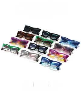 Multiple rows of trendy square frame sunglasses in eleven different vibrant colors