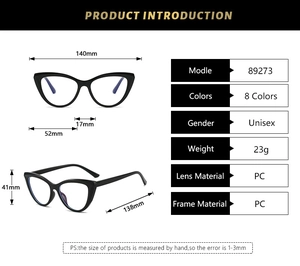 Tableau détaillé des tailles pour lunettes œil-de-chat montrant dimensions et spécifications