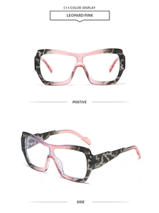 Front and side views of leopard pink oversized retro sunglasses with thick frame