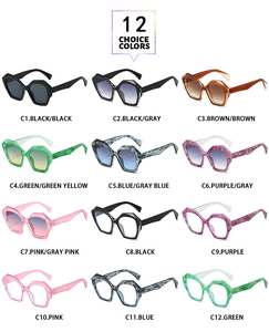 Collage of 12 polygon sunglasses styles showing colorful lenses and marble frames