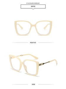 Front and side details of beige square oversized sunglasses with chic metal hinges