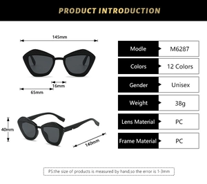 Detailed technical specifications for geometric cat-eye sunglasses with dimensions
