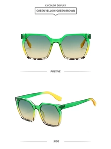 Detail view of square gradient green sunglasses with tortoiseshell accents and metal hinges