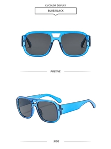 Detail of blue jelly frame sunglasses with double bridge design and dark lenses