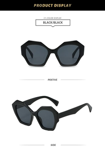 Front and side views of black geometric oversized polygon sunglasses with thick frames