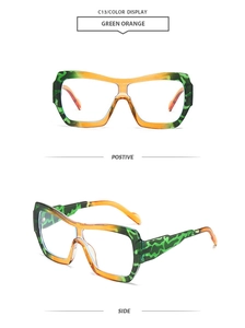 Detailed front and side views of chunky green-orange tortoiseshell acetate frame glasses