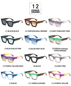 Grid display showing 12 stylish rectangular sunglasses with various color gradients and frames