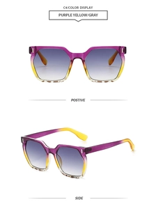 Front and side view of classic square sunglasses with purple and yellow gradient frames
