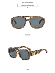 Macro detail of camouflage texture frame and black lenses on vintage double bridge sunglasses