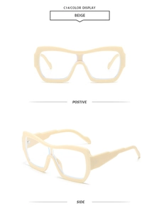 Detail view of beige oversized sunglasses with thick frames from front and side angles