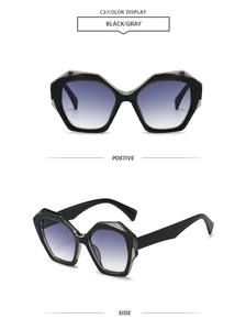 Front and side view of hexagonal black and grey sunglasses with blue gradient lenses