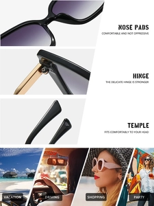 Detail view of square oversized sunglasses showing metal hinges and purple gradient lenses