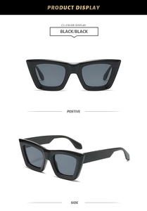 Detail view showing front and side of black square frame sunglasses with dark grey lenses