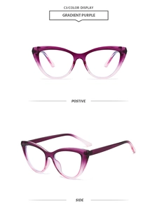 Détails de la monture oeil-de-chat dégradée violette avec vues de face et de profil précises