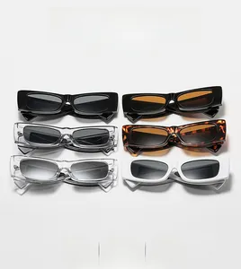 Showcase of narrow rectangular sunglasses in black, tortoiseshell, and transparent frames
