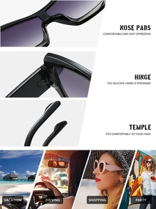 Detail view of purple gradient lenses, hinge parts and lifestyle scenes for sunglasses