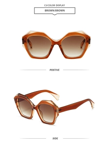 Front and side views of brown geometric cat-eye sunglasses with gradient lenses