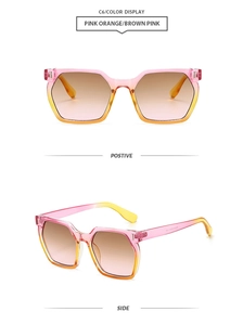 Modern hexagon pink orange gradient sunglasses with brown lenses shown from two angles