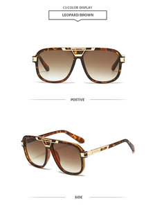 Front and side view of square leopard print sunglasses with gradient brown lenses