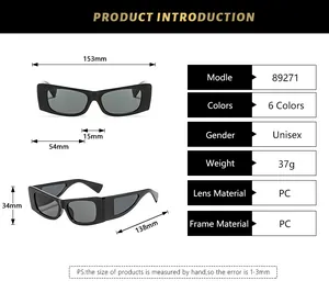 Detailed size chart for square frame sunglasses with PC lens dimensions and frame weight