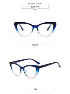Détail de monture œil-de-chat avec dégradé bleu rose et finition en acétate chic