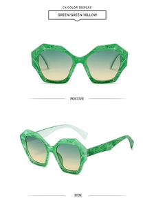 Detail of polygonal green marble textured frames with blue-yellow gradient lenses