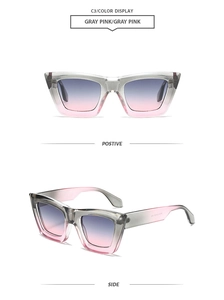 Detailed view of gray-pink gradient square sunglasses with a 45-degree side profile view