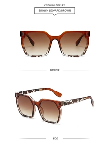 Detail view of square leopard print sunglasses with brown gradient lenses