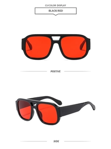 Front and side views of vintage double-bridge sunglasses with black frame and red lenses