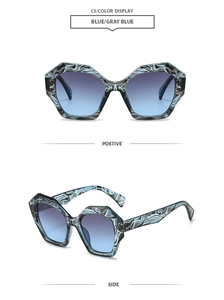 Front and side views of blue and black tiger pattern geometric sunglasses with gradient lenses