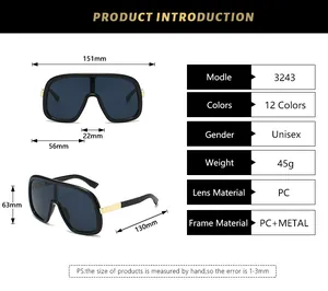 Detailed technical size chart for oversized unisex shield sunglasses with PC frame