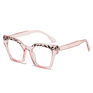 Stylish square pink glasses with leopard print upper frame in a 45-degree angle view