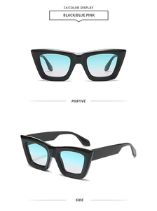 Front and side view of square black frame sunglasses with blue to pink gradient lenses