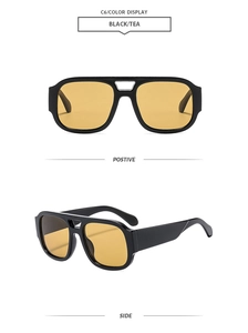 Retro double-bridge sunglasses with black frames and tea lenses in front and side views
