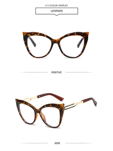 Detail of leopard print cat-eye frames with golden metal temples and red tips