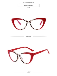 Vue de face et de côté de la monture oeil de chat en design bicolore rouge et léopard
