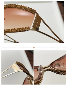 Detailed close-up of rhinestone accents and geometric hollow design on cat-eye sunglasses
