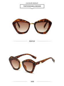 Detailed front and side views of tortoiseshell oversized sunglasses with gold metal bridge