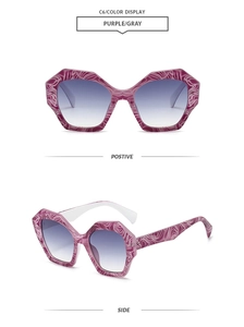 Macro view of geometric polygon sunglasses with purple marble frame and gradient lenses