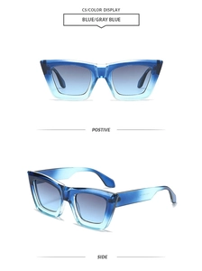 Detail view of square cat-eye sunglasses featuring blue gradient frames and lenses