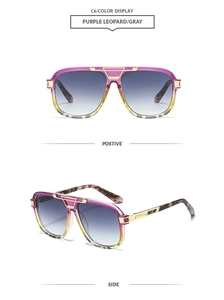 Detail of gradient purple frames and leopard print temples on square sunglasses