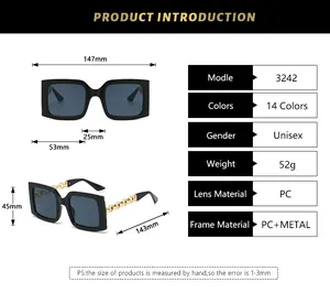 Detailed size chart for retro square sunglasses with lens dimensions and frame specs