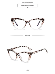 Vue détaillée de monture œil de chat avec motif léopard dégradé et branches de lunettes