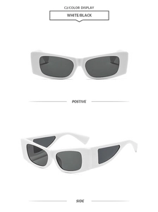 Front and side views of chunky white rectangular sunglasses with dark lenses