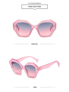 Detail view of pink geometric sunglasses featuring gradient UV lenses and faceted frames