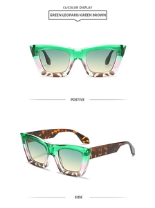 Detailed views of vintage square sunglasses with green leopard frames and gradient lenses