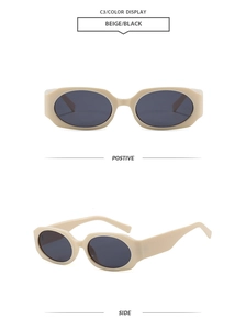 Détail de face et de profil de lunettes de soleil rétro beiges avec verres noirs