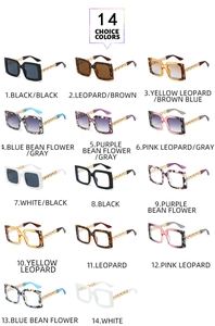 Detailed grid display of 14 colored square sunglasses with bold gold chain metal temples