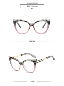 Cat eye sunglasses detail showing gray leopard frame and pink gradient lenses