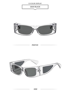 Detail view of square sunglasses featuring a unique triangular side lens and gray lenses